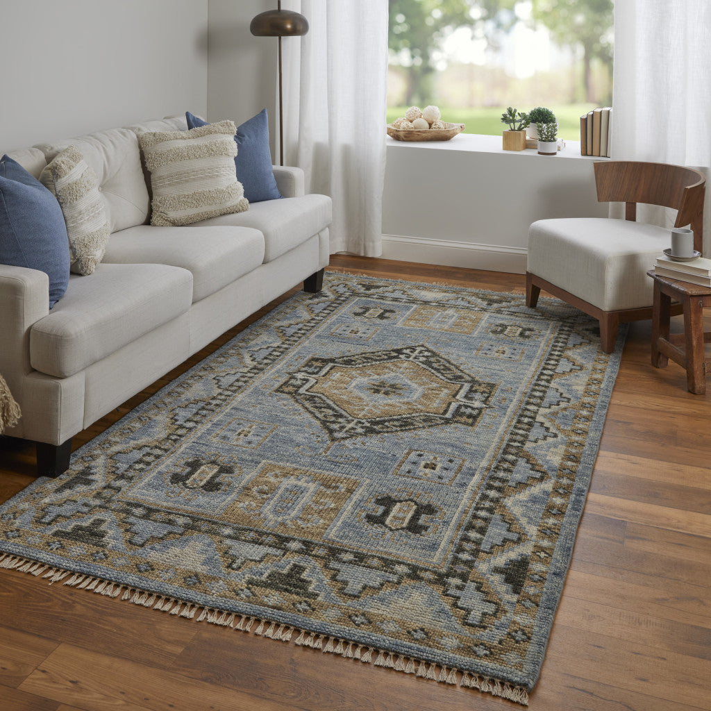 8' Ivory Tan And Blue Wool Oriental Hand Knotted Round Rug With Fringe